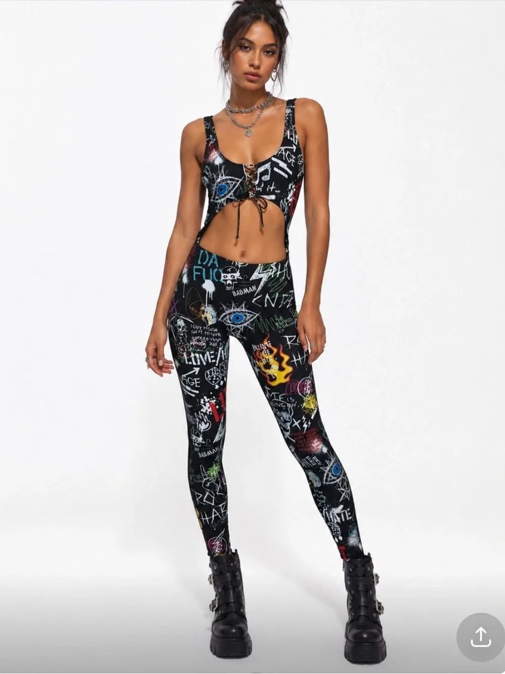 JADED LONDON Black Graffiti Print Legging Jumpsuit Multicolor Accents Size L